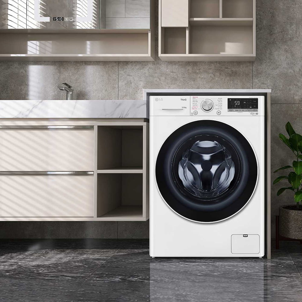 Perfect fitment of washing machine under cabinet for space-efficient laundry solution.